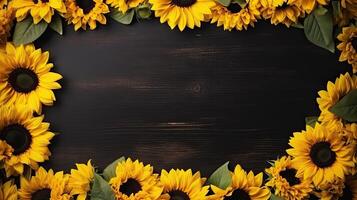 Sunflowers on a black background with a wooden frame photo