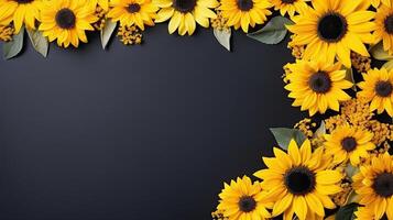 Yellow sunflowers on black background with copy space photo