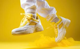 A person in yellow sneakers jumping in the air photo