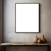 A blank white frame sits on a table next to a vase photo