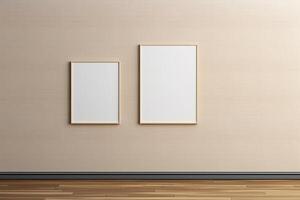 Two empty frames on a wall in an empty room photo