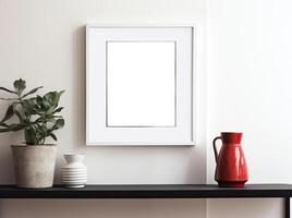 A white frame sits on a shelf next to a red vase photo