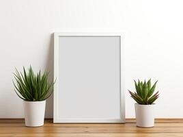Mock up frame with potted plants on wooden floor photo