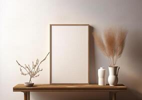 A wooden table with a vase and a blank frame photo