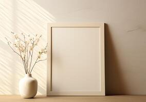 Empty frame with flowers on a wooden table photo