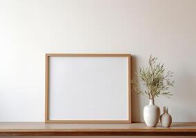 Mock up of a blank frame on a table with vases and plants photo