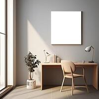 A blank white frame sits on a desk in front of a window photo