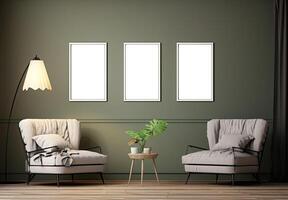 Three empty frames in a living room with a lamp and chairs photo