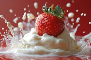 Strawberries splashing into milk on red background photo