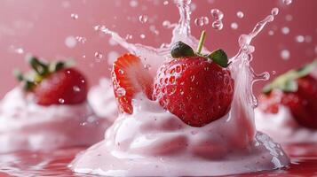 Ripe strawberry splashing into strawberry yogurt creating a pink splash photo