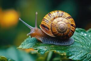 Snail crawling on green leaf in summer garden photo