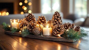 Christmas centerpiece with pine cones and candles illuminating living room photo