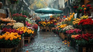 Cobblestone street lined with colorful flower stalls on a rainy day photo