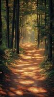 Sun shining through trees on forest path photo