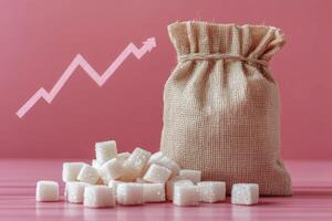 Sugar consumption increasing showing trend with upward arrow and sack photo
