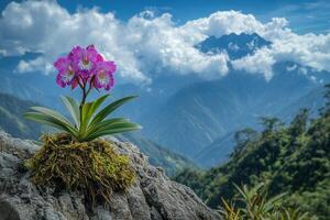 Purple orchid blooming on mountain top with cloudy sky photo