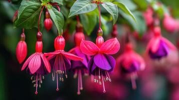 A close-up of vibrant red and purple hanging fuchsia flowers with green plants in focus. photo