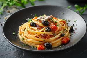 Spaghetti alla puttanesca is being served on a black plate with fresh ingredients photo