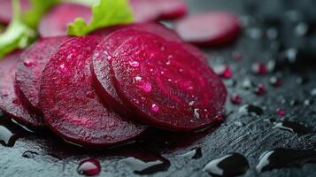 Fresh beetroot slices resting on wet slate surface photo