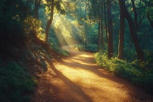 Sun shining through trees on path in lush green forest photo