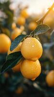 Lemon tree branch showing ripe yellow lemons photo