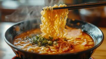 Steaming hot bowl of ramen being lifted with chopsticks photo