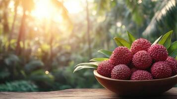 Fresh lychee fruit serving in a wooden bowl on wooden table photo
