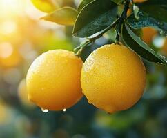 Two ripe lemons hanging from lemon tree branch photo