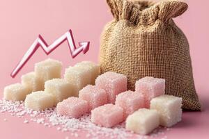 Sugar cubes forming a descending graph with a sackcloth bag on a pink background photo