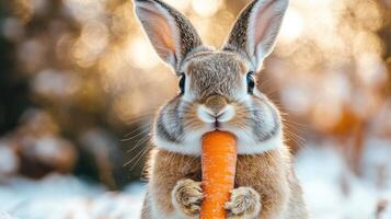 Adorable wild rabbit enjoying a carrot in the snow photo