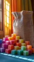 Colorful fruit jelly sugar candies forming a pyramid and burlap sack near window with sun glare photo