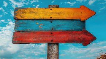 Three colorful empty wooden arrows signpost pointing different directions photo