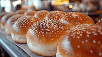 Freshly baked buns covered in sesame seeds resting in basket photo