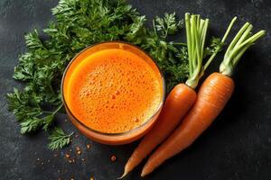 Freshly made carrot juice with carrots and carrot greens on dark stone background photo