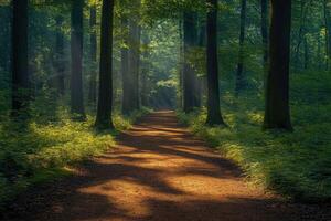 Sun shining through trees on path in lush green forest photo