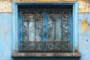Old window with rusty ironwork reflecting trees in urban setting photo