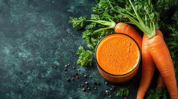 Fresh carrot juice with carrots and green leaves on dark background photo