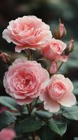 Bouquet of beautiful pink roses blooming in a cardboard box photo