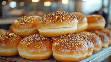 Freshly baked buns covered in sesame seeds resting in basket photo