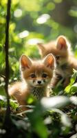 Two red fox cubs relaxing in the forest photo