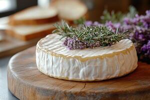 Round camembert cheese decorated with lavender and rosemary on rustic wooden board photo