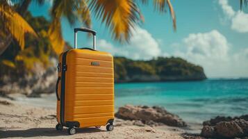 Yellow suitcase standing on tropical beach under palm trees photo