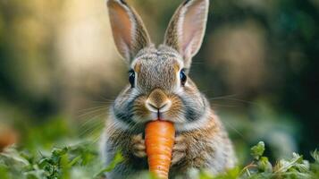 Cute brown rabbit enjoying eating a carrot outdoors photo