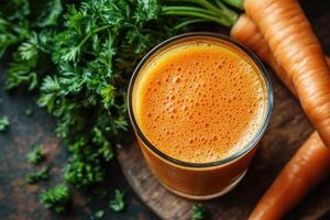 Glass of freshly squeezed carrot juice with carrots on dark background photo