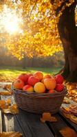 Wicker basket overflowing with apples under an autumn tree at sunset photo
