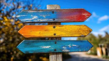 Three colorful empty wooden arrows signpost pointing different directions photo
