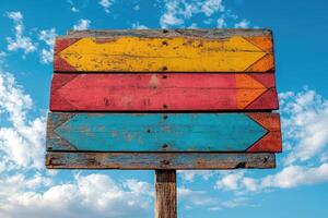 Three colorful wooden arrows pointing in different directions on a signpost photo
