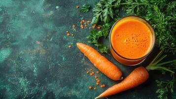 Fresh carrot juice with carrots and green leaves on dark background photo