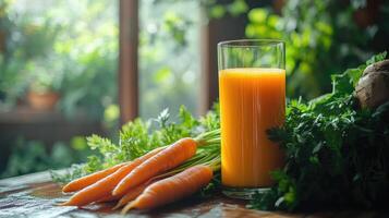 Fresh carrot juice with carrots and green leaves on dark background photo