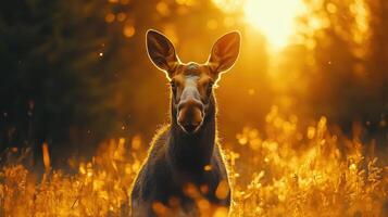Moose standing in golden field at sunset photo
